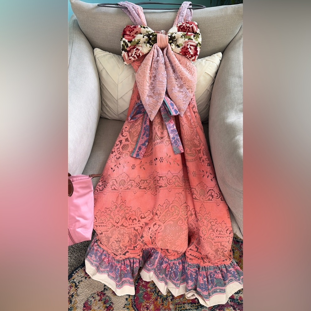 Elegant Pink peach 🍑 Lace Dress with Floral Accents